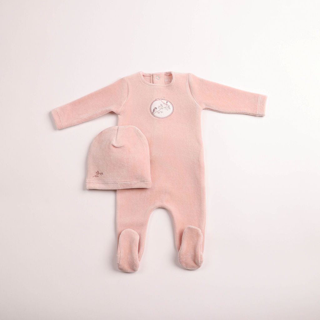Bee & Dee Birdie Branch Velour Dusty Pink Footie & Beanie