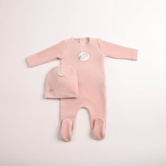 Bee & Dee Birdie Branch Velour Dusty Pink Footie & Beanie