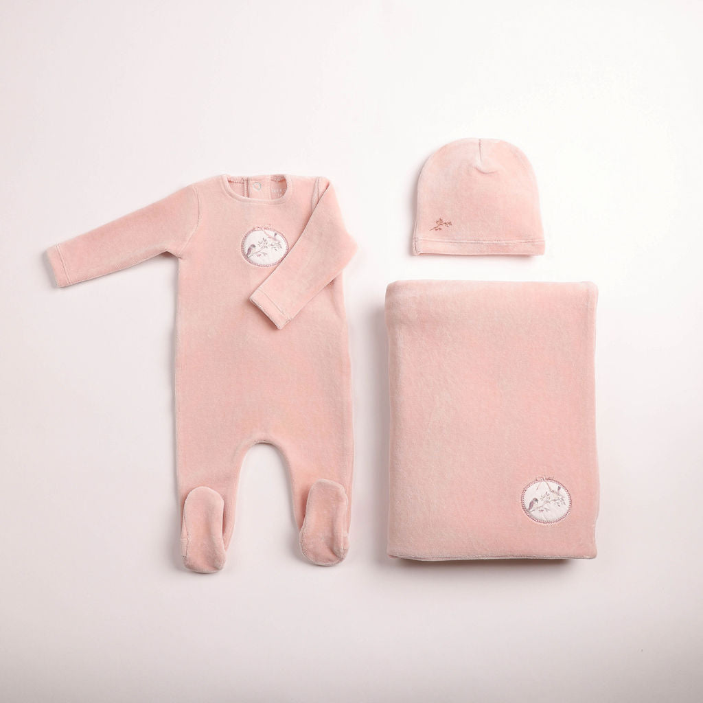 Bee & Dee Birdie Branch Velour Dusty Pink Footie Set