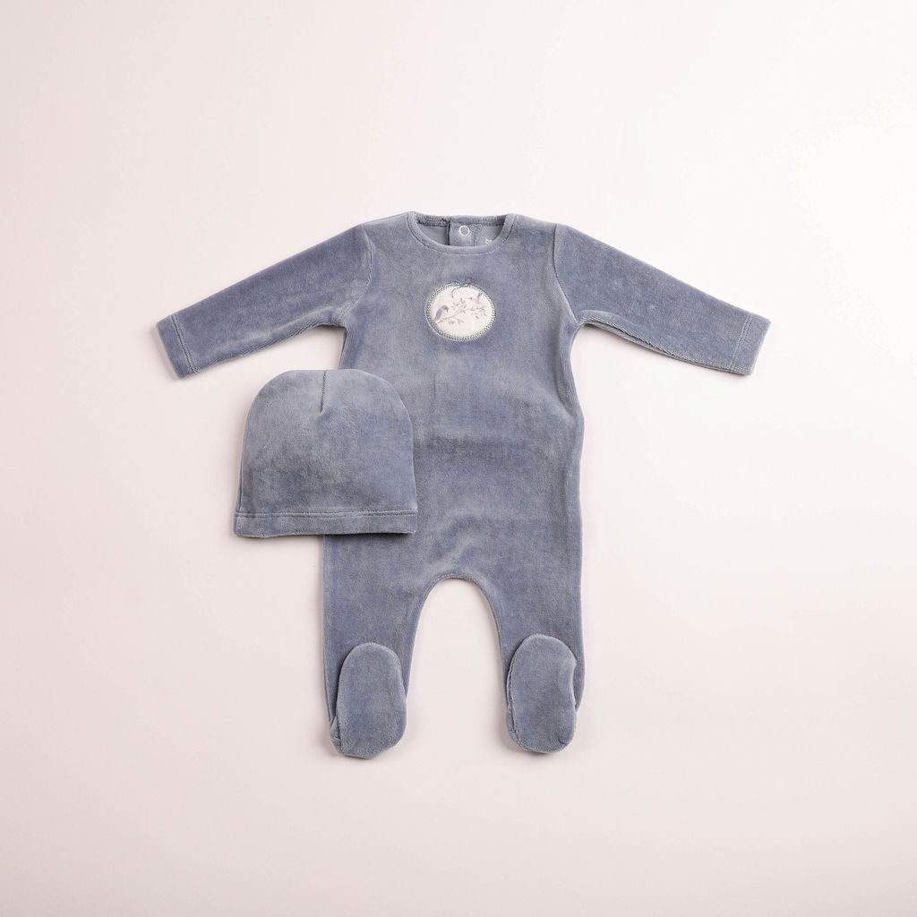 Bee & Dee Birdie Branch Velour Indigo Footie & Beanie