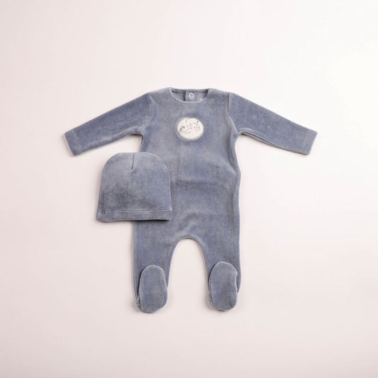 Bee & Dee Birdie Branch Velour Indigo Footie & Beanie