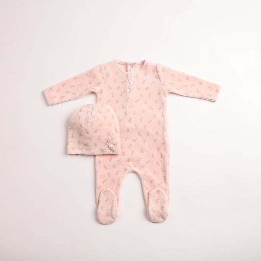 Bee & Dee Blossoms Print Velour Pearly Pink Footie & Beanie