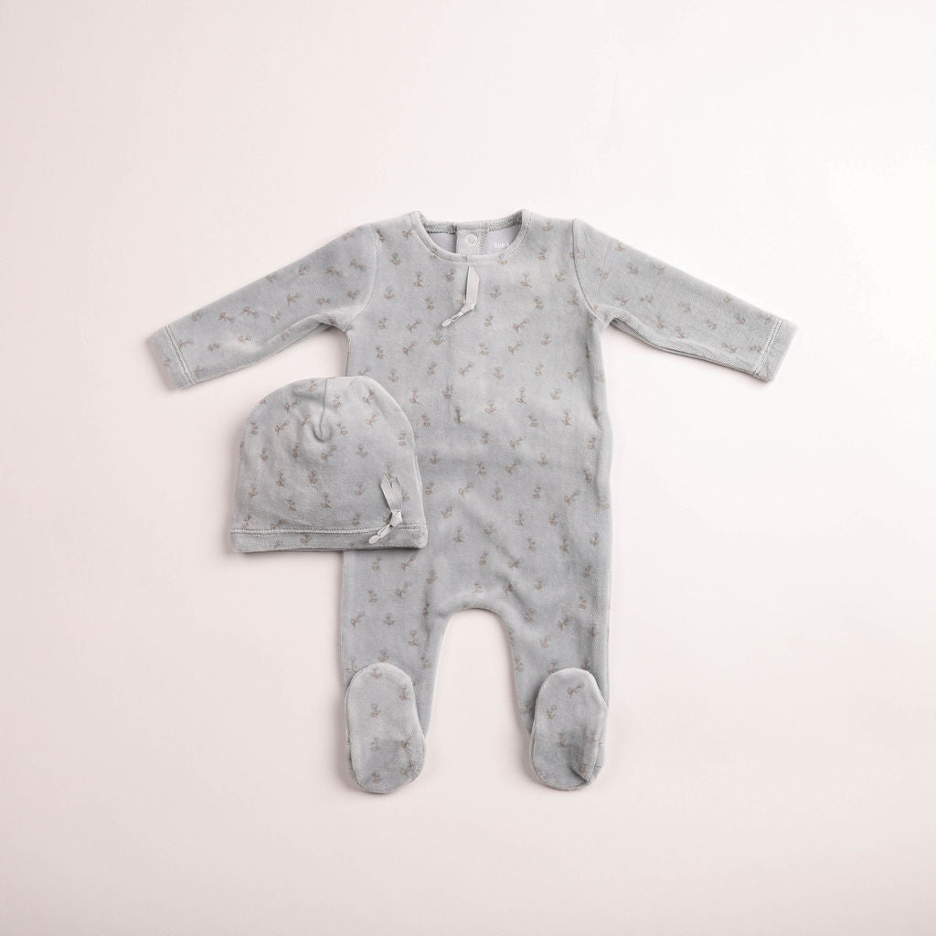 Bee & Dee Blossoms Print Velour Sky Blue Footie & Beanie