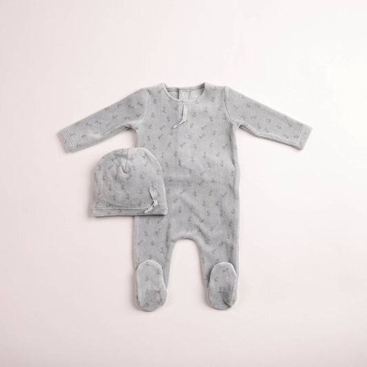 Bee & Dee Blossoms Print Velour Sky Blue Footie & Beanie