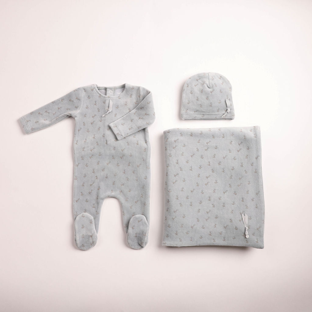 Bee & Dee Blossoms Print Velour Sky Blue Footie Set