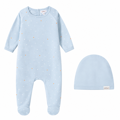 Velour Star All Over Blue Print Footie and Hat