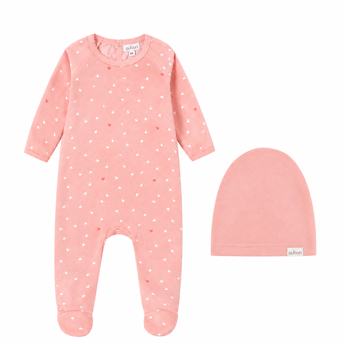 Velour Heart All Over Pink Print Footie and Hat