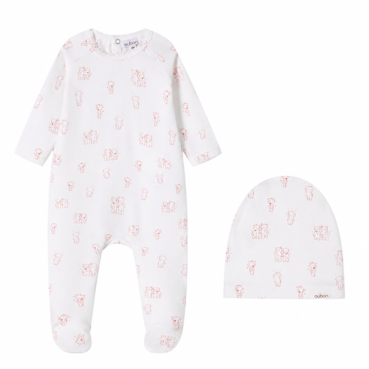 Teddy All Over Pink Print Footie and Hat