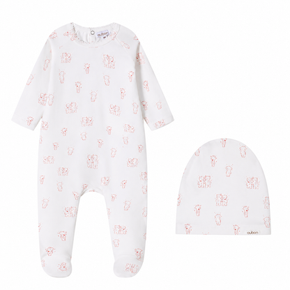 Teddy All Over Pink Print Footie and Hat