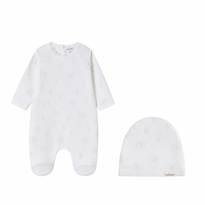 Teddy All Over Print Blue Footie and Hat