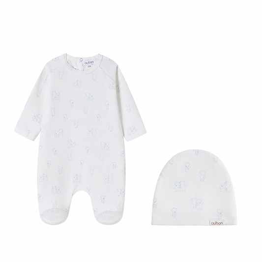 Teddy All Over Print Blue Footie and Hat