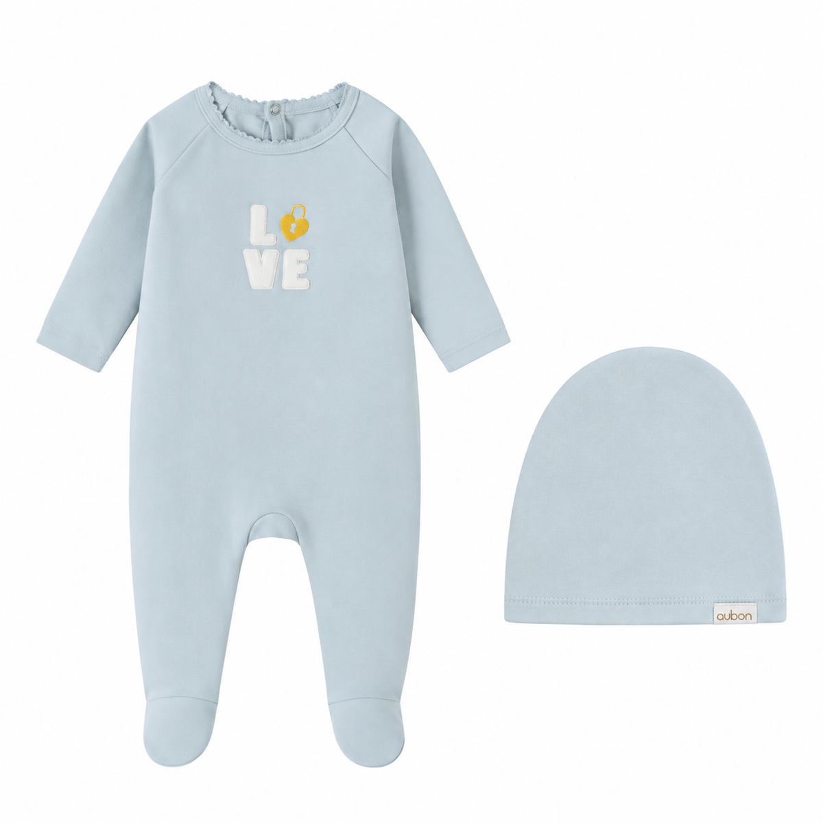 Love Patchwork Cotton Blue Footie and Hat