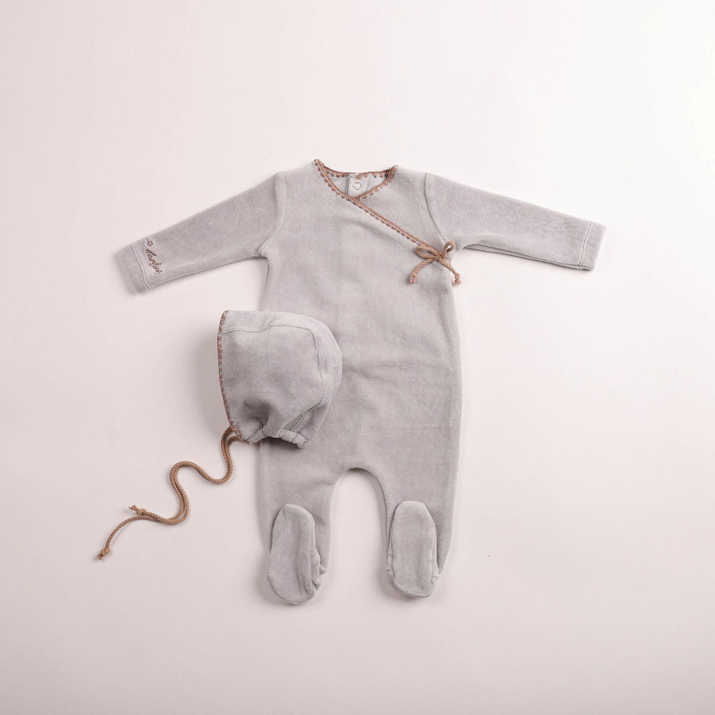 Bee & Dee Classic Stitch Velour Dusty Blue Footie & Beanie