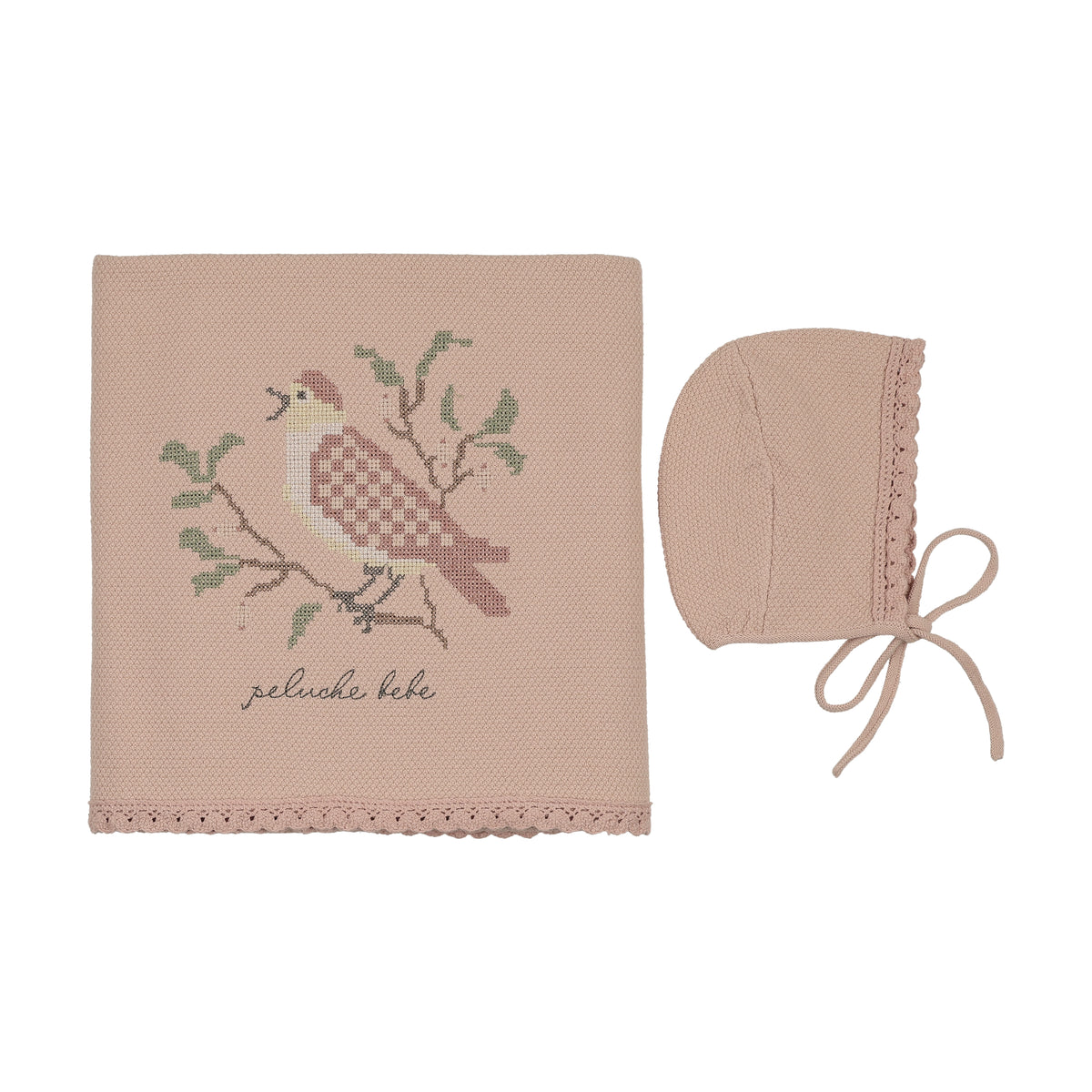 Knit Cross Stitch Rose Blanket and Bonnet