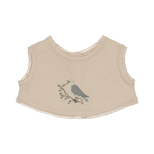 Knit Cross Stitch Overlay Stone/Blue Bib