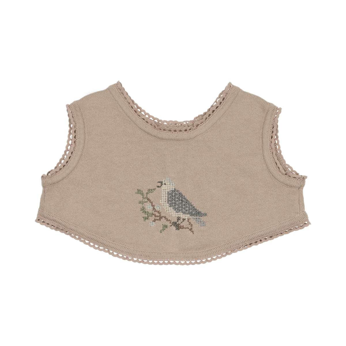 Knit Cross Stitch Overlay Taupe Bib