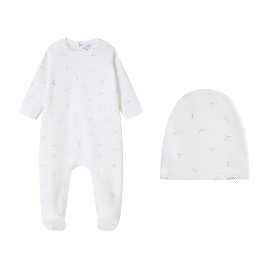 Floral Bud Print Pink Footie and Hat