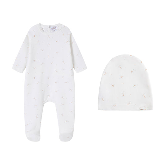 Floral Bud Print Blue Footie and Hat