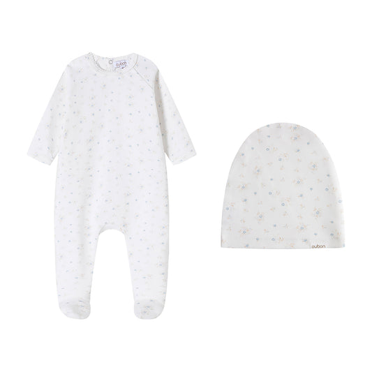 Floral Cluster Print Blue Footie and Hat