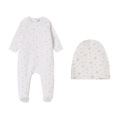 Floral Cluster Print Pink Footie and Hat