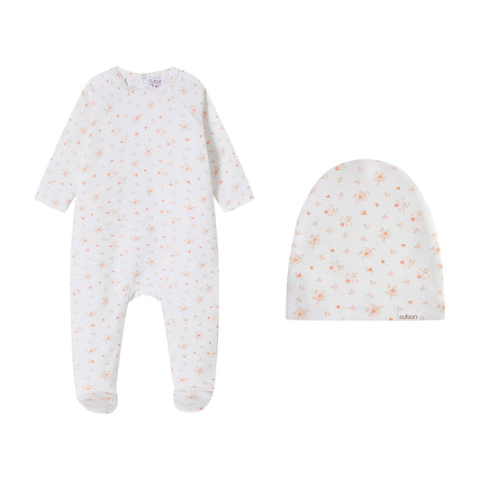 Floral Cluster Print Pink Footie and Hat
