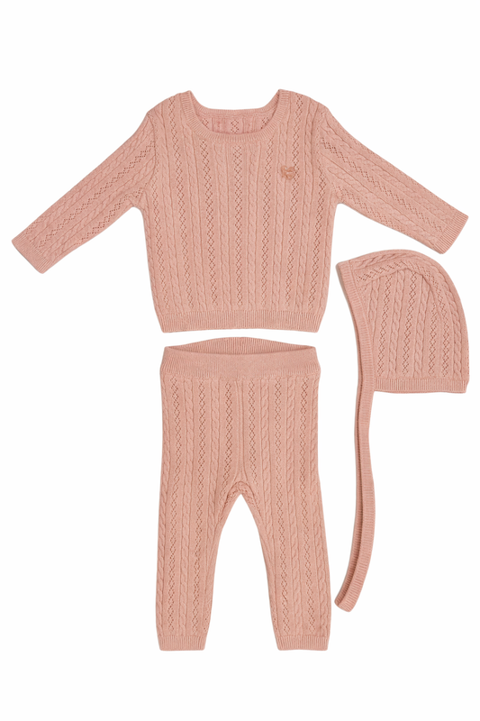 Pointelle Peach Knit Set with Hat