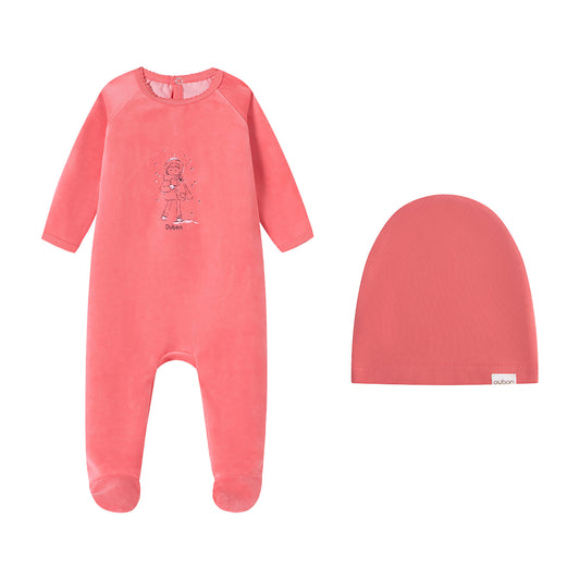 Girl In Snow Print Pink Velour Footie and Hat