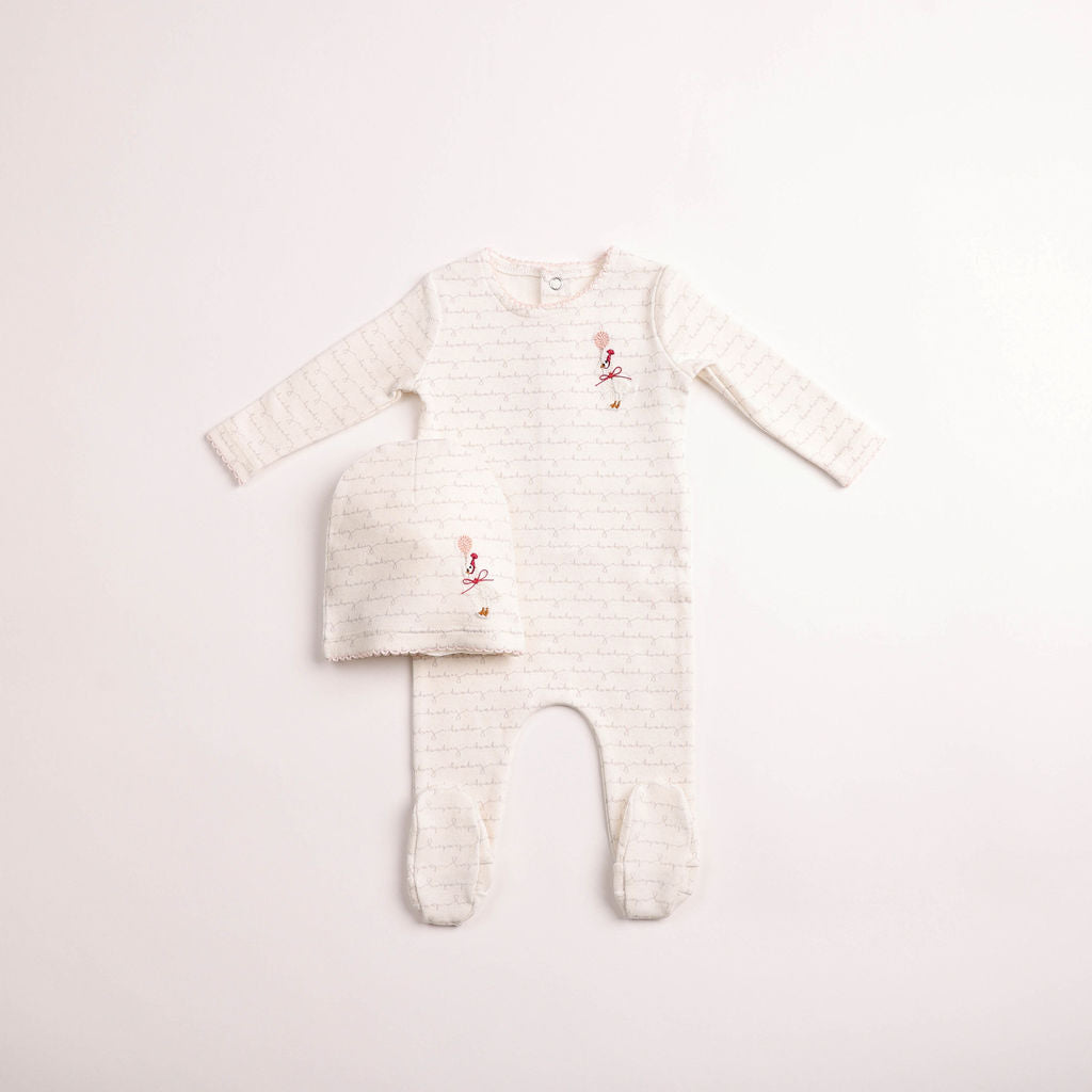 Bee & Dee Goose Script Linen Girls Footie & Beanie