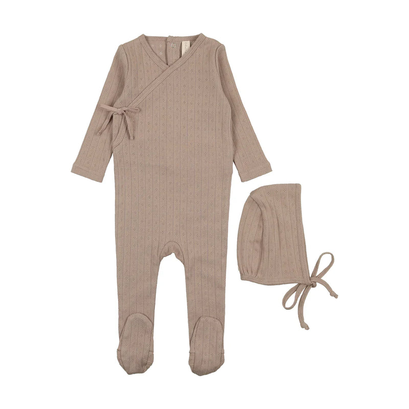 Taupe Pointelle Footie With bonnet