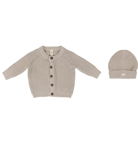 Taupe Chunky Knit Cardigan With beanie