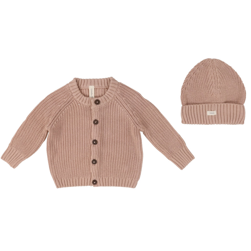 Peach Chunky knit cardigan with beanie