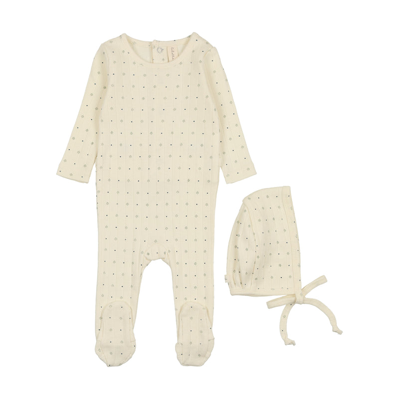 Ivory/Navy Dot Print Footie With Bonnet