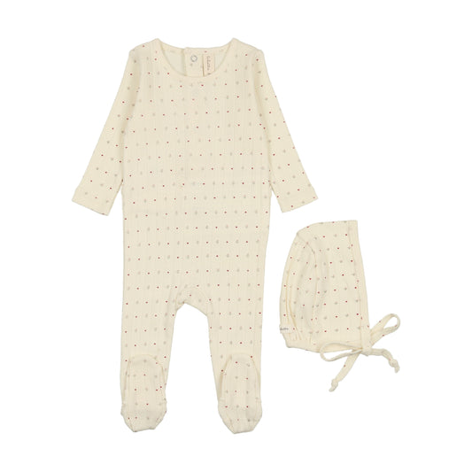 Ivory/Red Dot Print Footie With Bonnet