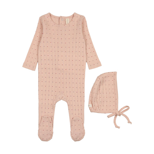 Shell Pink Dot Print Footie With Bonnet