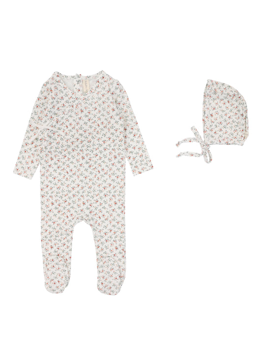 White/Floral Bouquet Footie With Bonnet