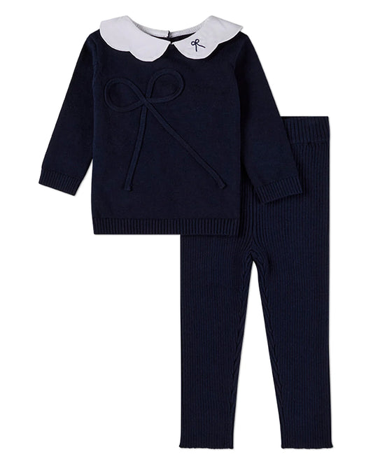 Bow Accent Collar Pop Knit 2 PC Navy-White Set
