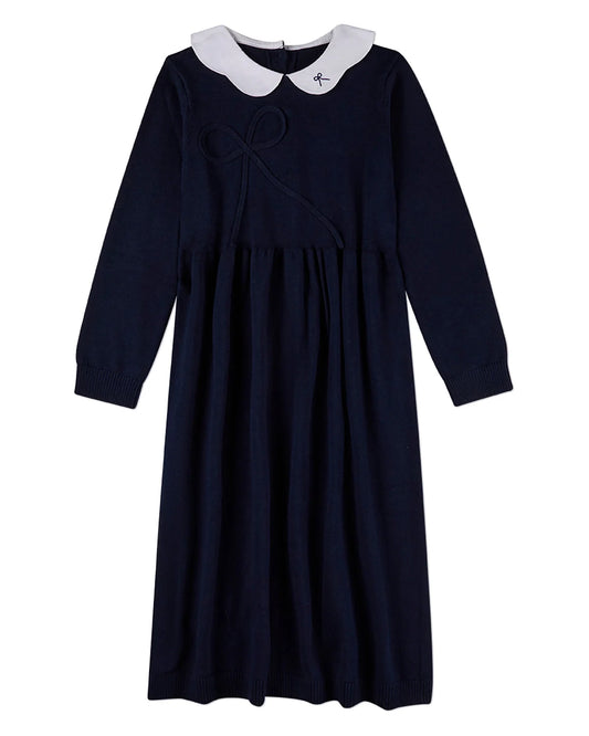 Bow Accent Collar Pop Navy-White Long Dress