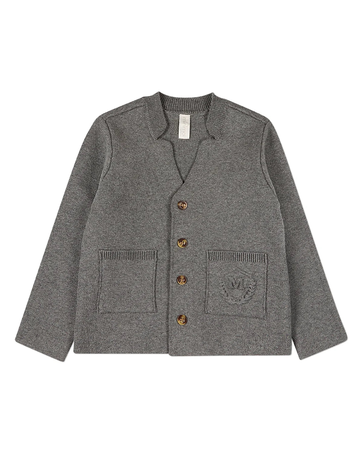 Gray Knit Cardigan With Raised Pocket Crest
