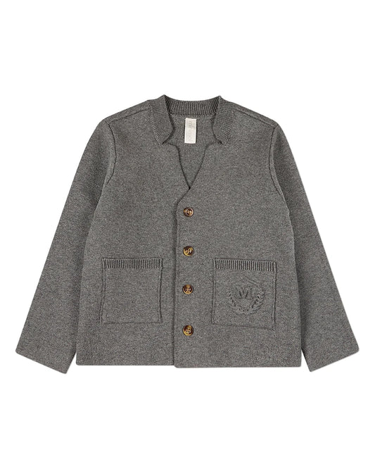 Gray Knit Cardigan With Raised Pocket Crest