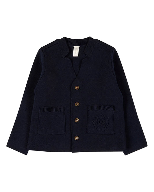 Navy Knit Cardigan With Raised Pocket Crest