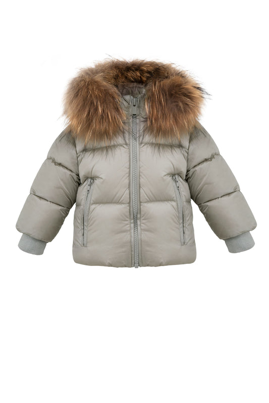 Hooded Baby Crystal Grey Down Coat with Racoon Fur