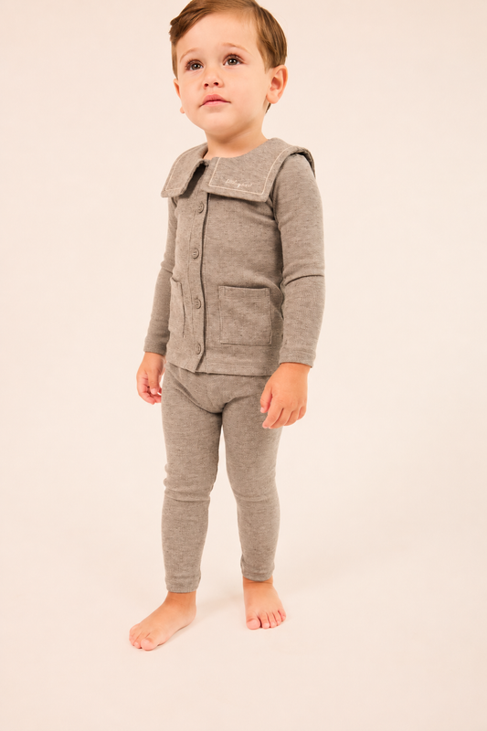 Embroidered Collar Grey Cardigan Set