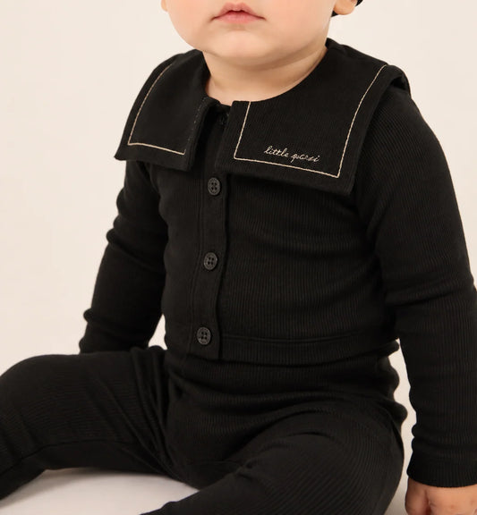 Embroidered Collar Black Baby Cardigan Set