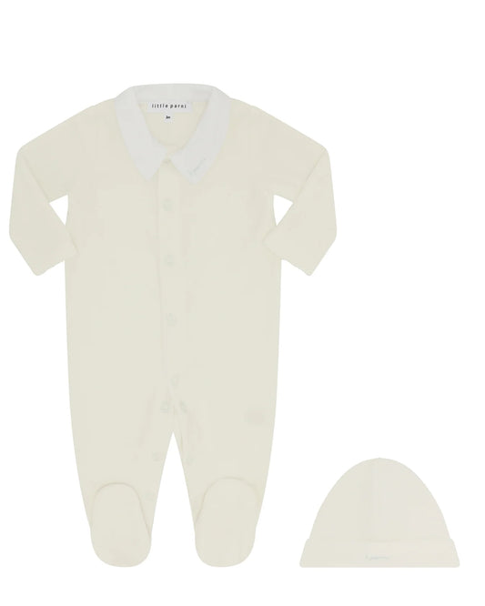 Petite Velour Ivory Blue Gift Set (Collar Footie + Hat)