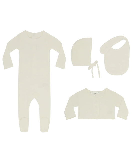 Petite Velour Ivory Cardigan Set + Bib