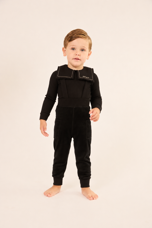 Embroidered Collar Black Velour Overall Set