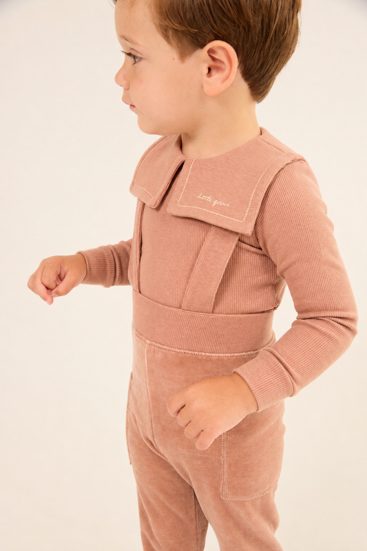 Embroidered Collar Pink Velour Overall Set