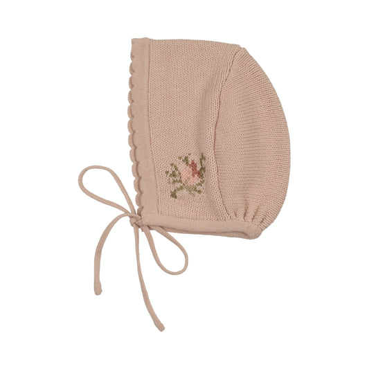 Floral Intarsia Knit Rose Bonnet