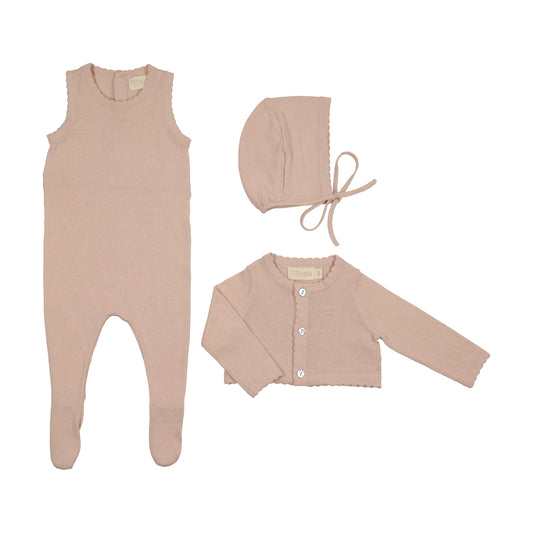 Knit Jumpsuit + Cropped Rose Cardigan + Bonnet