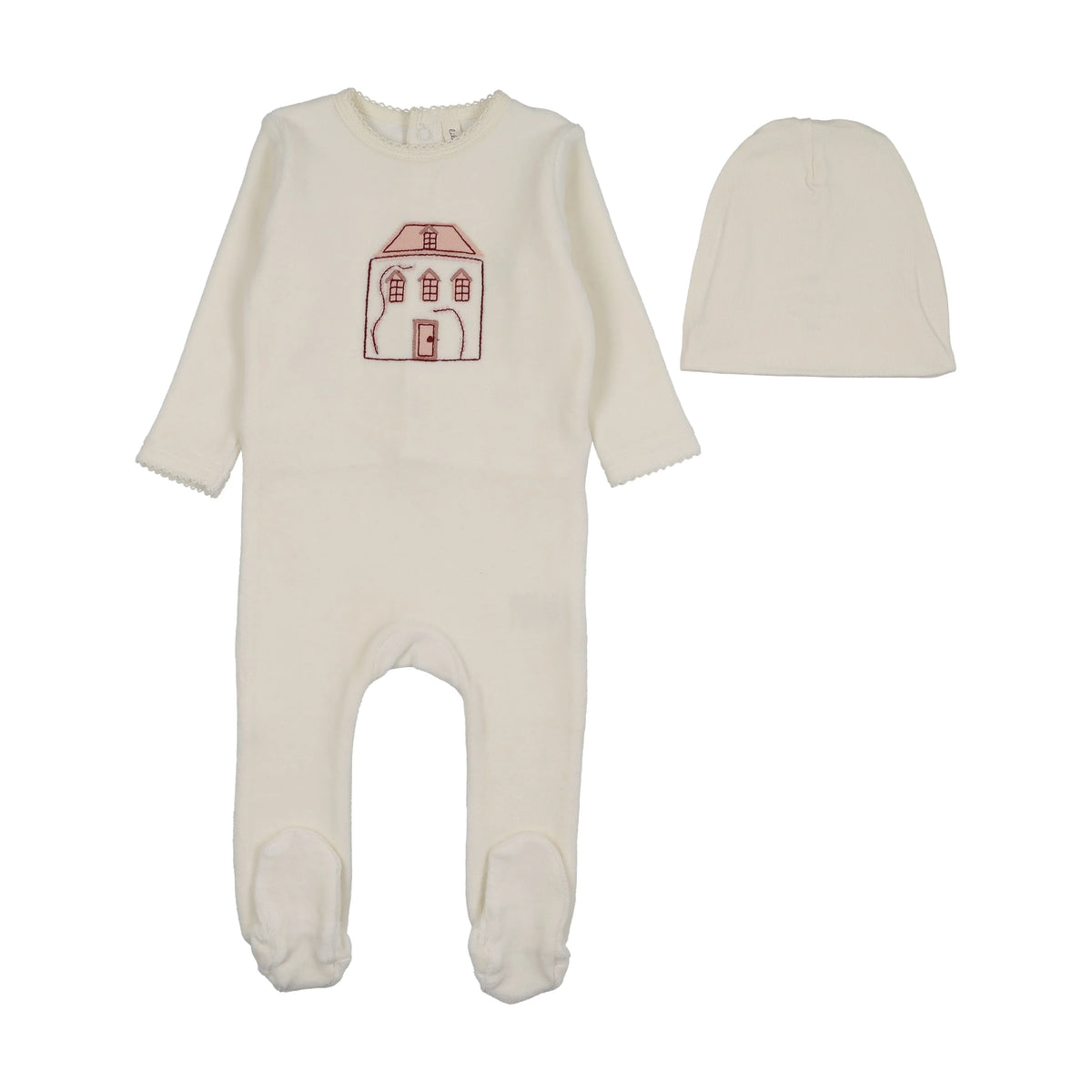 Stitched Graphic Velour Cream/Pink Footie Set